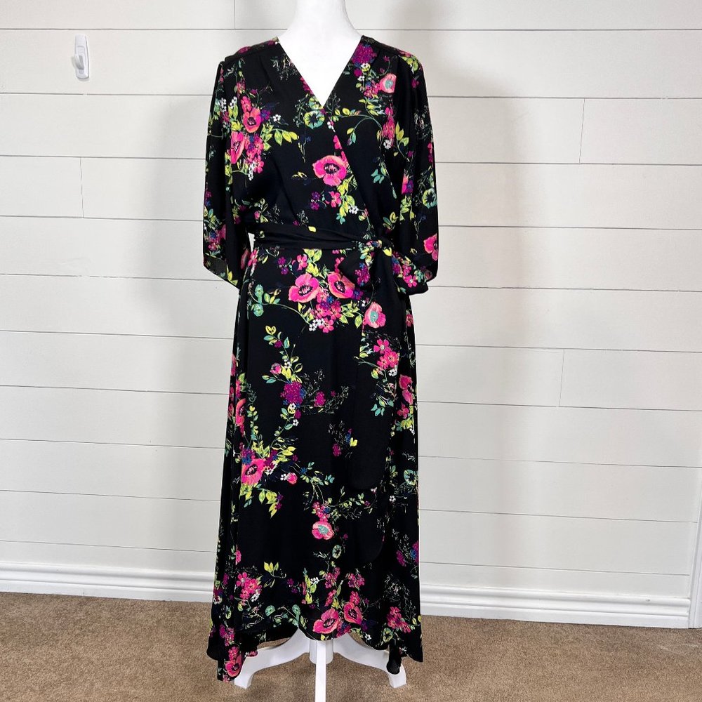 Tahari Sheer Black Pink & Green Floral Wrap Asymmetrical Hemline Dress Size 10